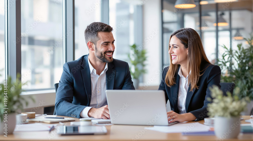 Two business colleagues collaborate on laptop smiling and engaged in conversation during productive meeting Two business colleagues collaborate on laptop smiling and engaged in conversation during productive meeting