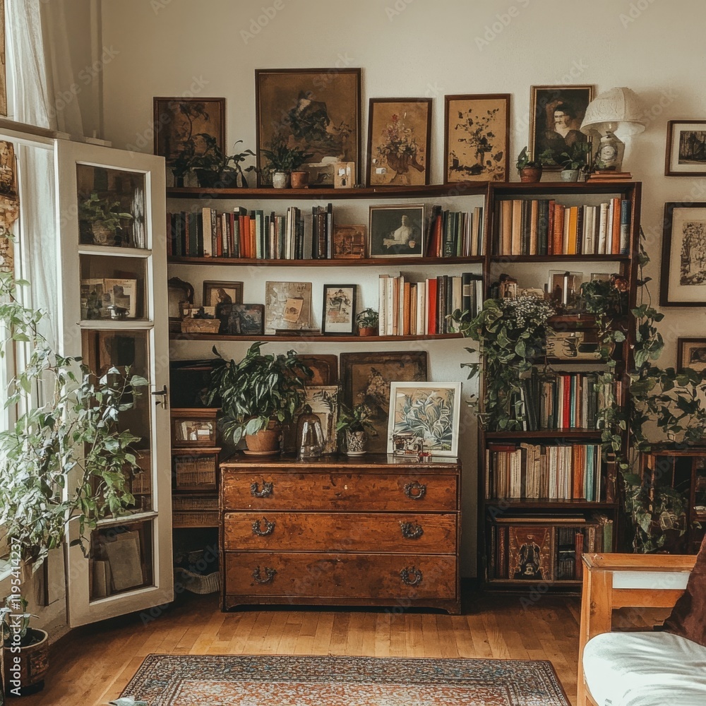 Cozy Book-Filled Room with Antique Furniture and Plants Cozy Book-Filled Room with Antique Furniture and Plants