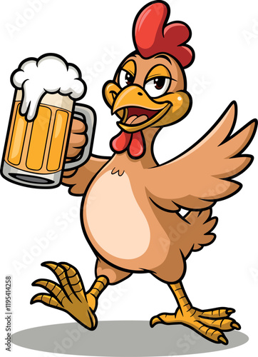 Cartoon rooster chicken holding beer glass vector art illustration