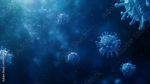 Blue Virus Cells Floating Against a Dark Background - Scientific and Medical Microbiology Illustration
