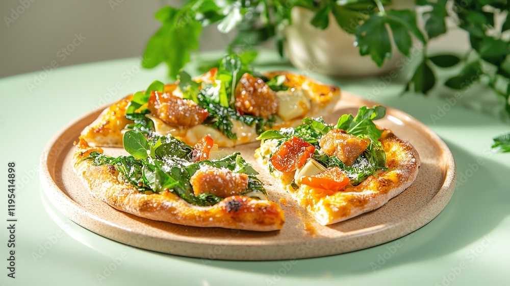 Delicious pizza topped with fresh greens, served on a wooden board. Delicious pizza topped with fresh greens, served on a wooden board.