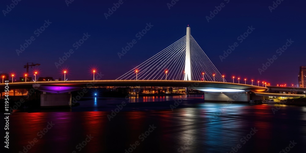 Fototapeta premium A dramatic shot of the Zakim Bridge at night, with its modern design and sleek glass and steel surface illuminated by colorful streetlights, zakim bridge, architectural details