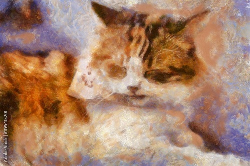 Cats in various poses Chalk paint Illustrations creates art style impressionism of painting.