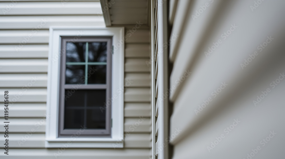 Modern House Exterior: Beige Siding, White Window Frame, and Architectural Details Modern House Exterior: Beige Siding, White Window Frame, and Architectural Details