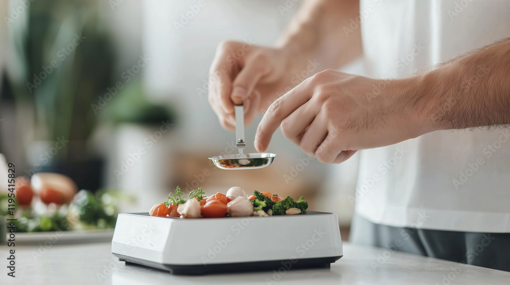 Measuring Food Portions with Digital Scale in Close Up Measuring Food Portions with Digital Scale in Close Up