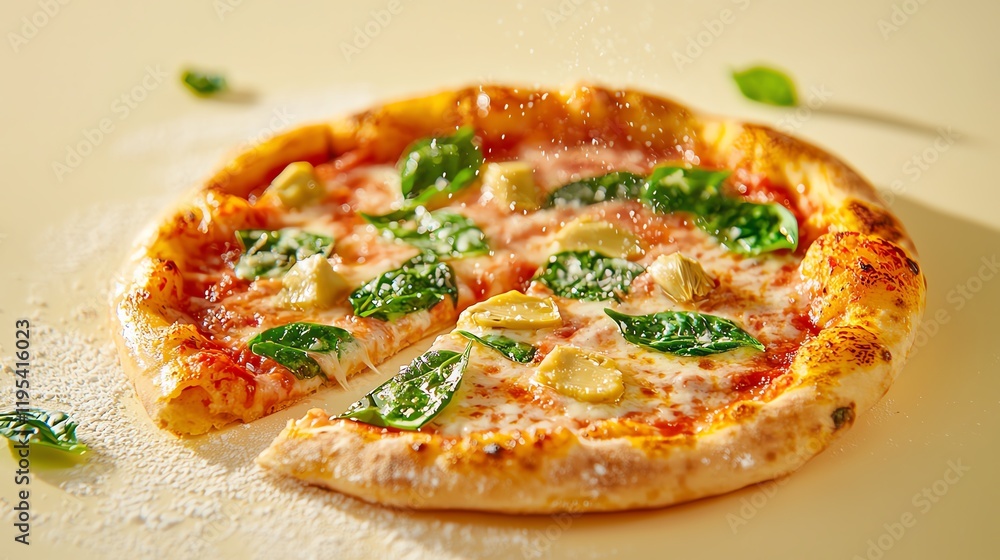 Delicious pizza with spinach and garlic on a light background. Delicious pizza with spinach and garlic on a light background.