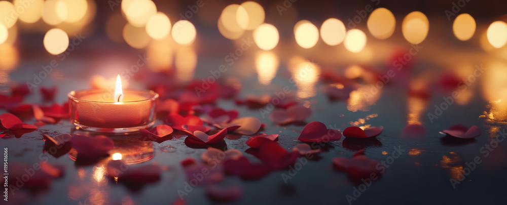 Romantic Candlelit Scene with Heart-Shaped Petals and Soft Background Bokeh for Valentine’s Day or Intimate Celebration Romantic Candlelit Scene with Heart-Shaped Petals and Soft Background Bokeh for Valentine’s Day or Intimate Celebration
