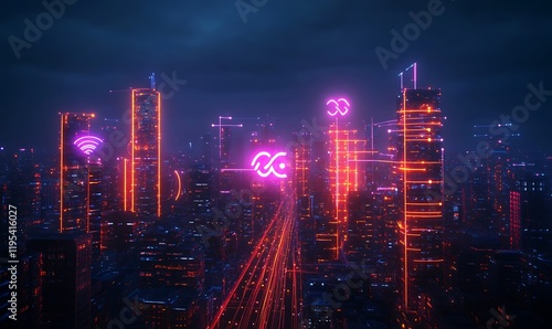 Wallpaper Mural A futuristic cityscape with glowing 5G towers and wireless signals extending over the city Torontodigital.ca