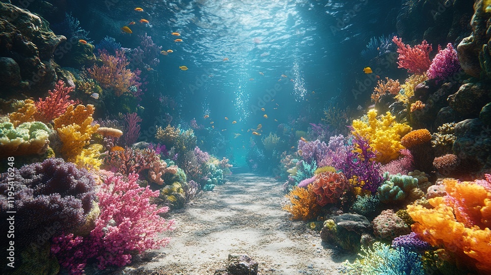 Naklejka premium A dynamic view of a vibrant reef ecosystem during the day, filled with an array of fish, invertebrates, and coral, showcasing biodiversity