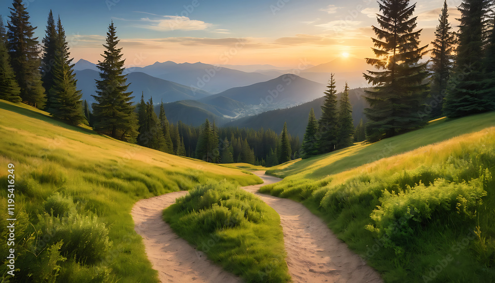 Fototapeta premium Sunset Mountain Trail, Forest Path and Scenic Landscape