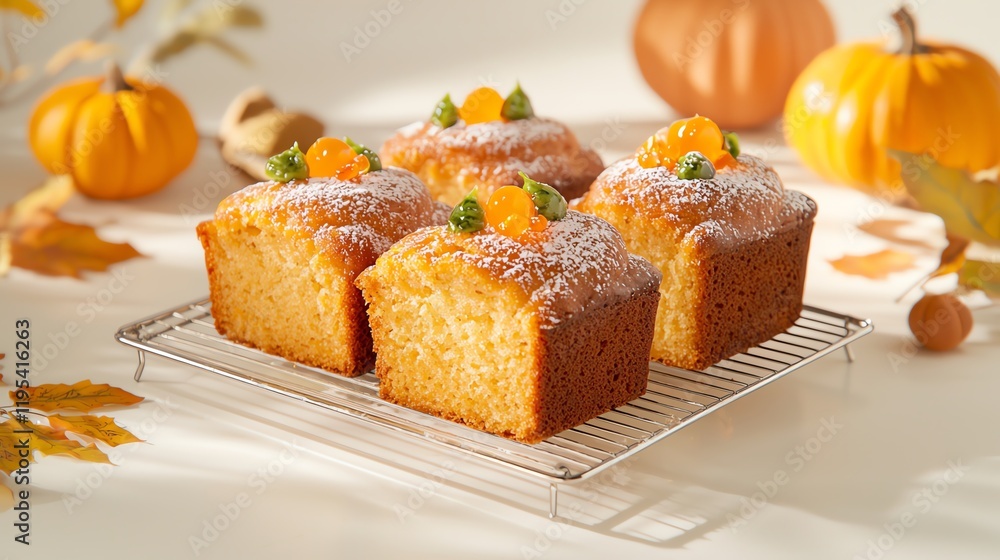 Delicious pumpkin cakes with frosting on a wire rack, surrounded by autumn decorations. Delicious pumpkin cakes with frosting on a wire rack, surrounded by autumn decorations.