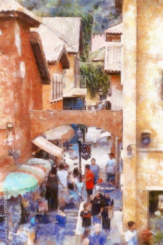 Landscape of Italian architecture buildings Tuscan architecture Chalk paint Illustrations creates art style impressionism of painting.