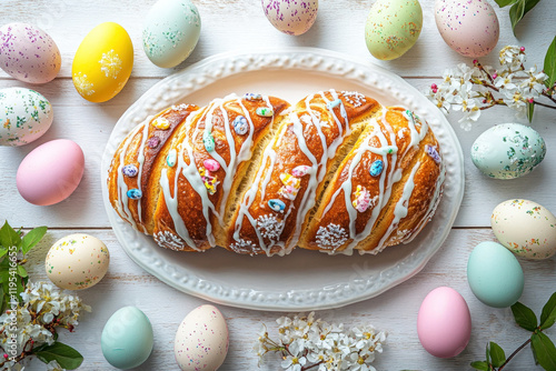 Easter egg crois? with white icing and sprinkles on a wooden surface. photo