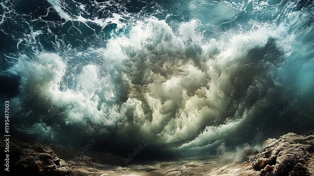 Fototapeta premium A dramatic scene of a stormy underwater environment, with powerful currents and marine life adapting to the changing conditions 