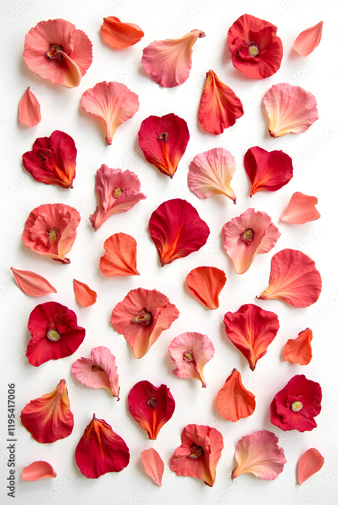 A design of pressed flower petals in shades of red and pink, set on a white background. A design of pressed flower petals in shades of red and pink, set on a white background.