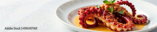 Delicious octopus dish presented elegantly on a white plate. photo