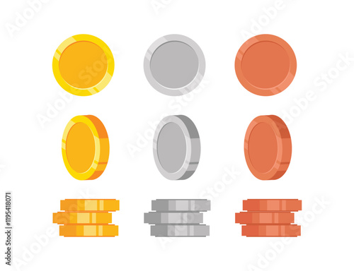 Stack of gold, silver and bronze coins at different heights, with tilted coins on the side, vector illustration isolated on white.
