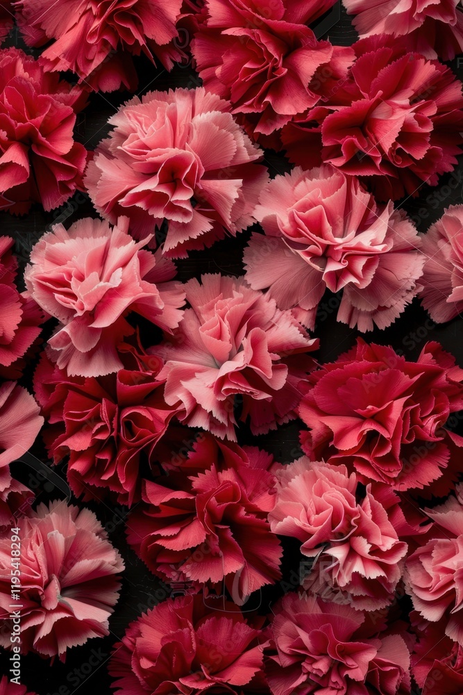 Vibrant array of pink and red carnations on dark background Vibrant array of pink and red carnations on dark background