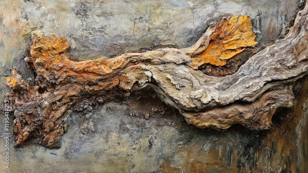 Abstract painting of a textured tree branch on a mottled grey background Abstract painting of a textured tree branch on a mottled grey background