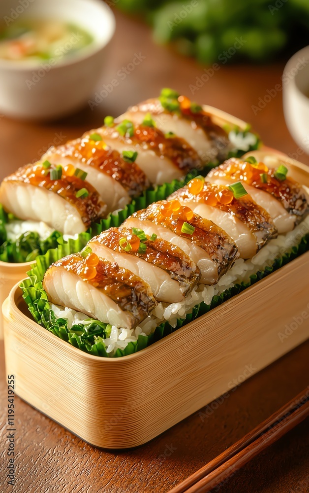 Delicious sushi rolled with fresh fish and garnished on a wooden platter. Delicious sushi rolled with fresh fish and garnished on a wooden platter.