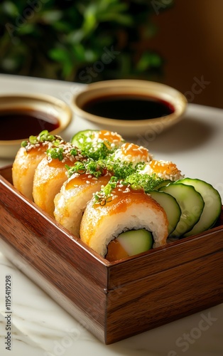 Delicious sushi rolls on a wooden plate with dipping sauces. photo