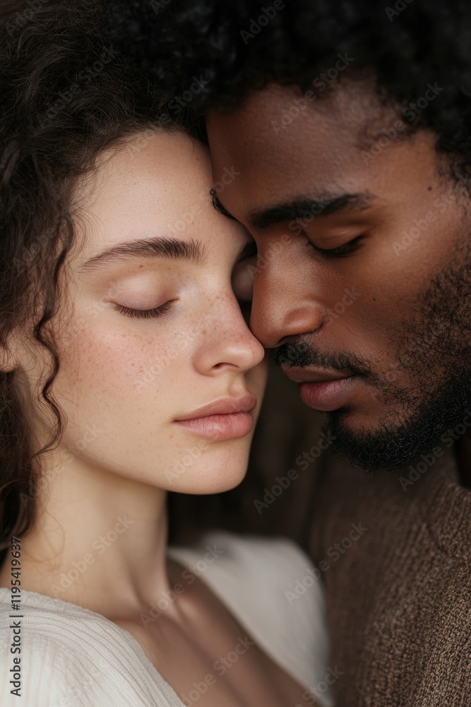 Intimate portrait of young caucasian female and african male in close proximity Intimate portrait of young caucasian female and african male in close proximity