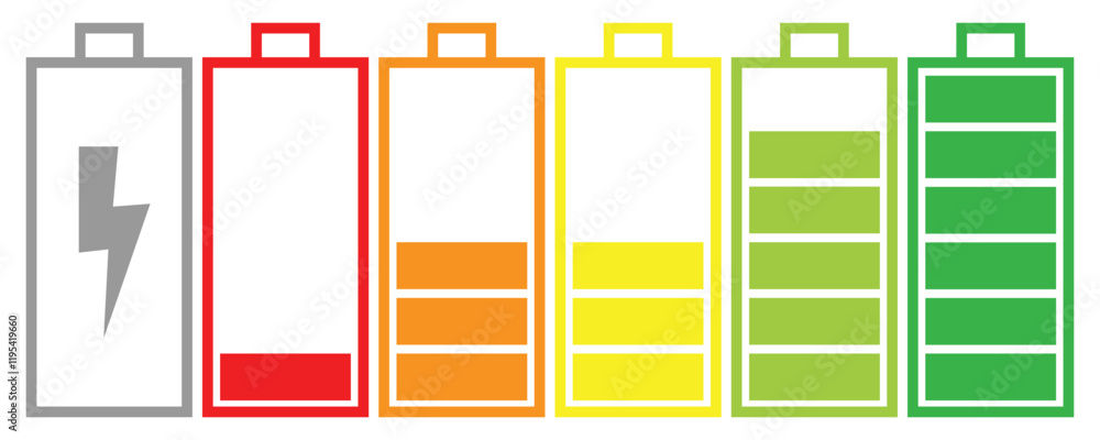Battery charge many color flat icons. Battery charging, charge indicator. Vector battery power icon powerfully charged. Vector illustration, Vector 10 eps. Battery charge many color flat icons. Battery charging, charge indicator. Vector battery power icon powerfully charged. Vector illustration, Vector 10 eps.