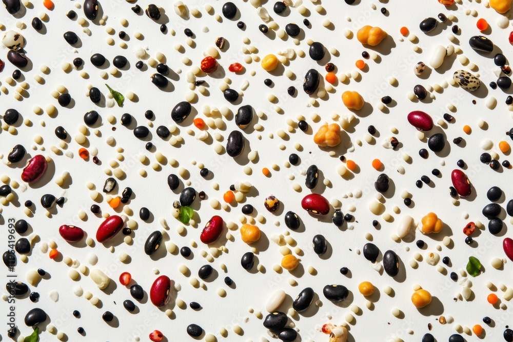 The image, captured from a top-down angle, features a variety of scattered bean seeds spread across a clean white background. The image, captured from a top-down angle, features a variety of scattered bean seeds spread across a clean white background.