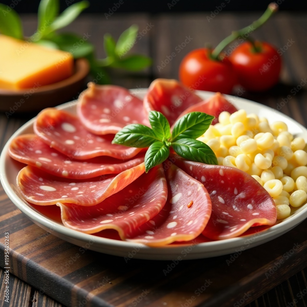 Deliciously arranged cured meat, cheese, and pasta on a rustic wooden table. Deliciously arranged cured meat, cheese, and pasta on a rustic wooden table.