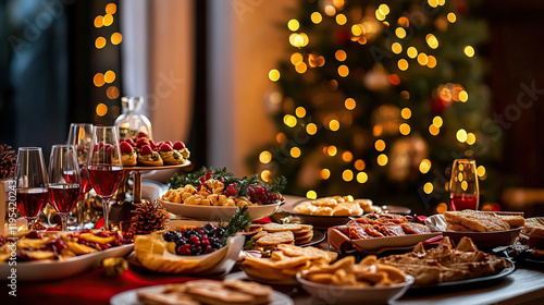 Christmas Dinner table full of dishes with food and snacks, New Year's decor with a Christmas tree on the backgrou photo