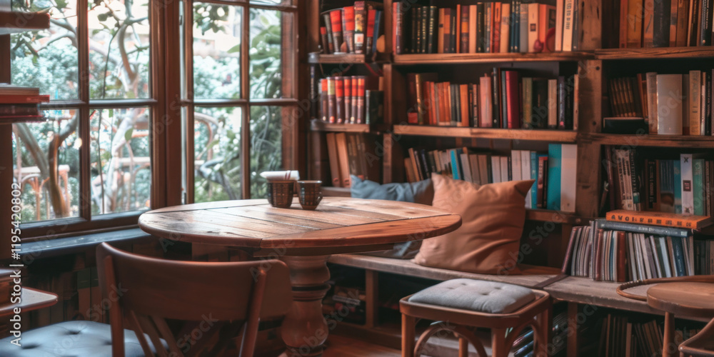 A rustic coffee shop corner with cozy seating, wooden tables, and bookshelves filled with novels A rustic coffee shop corner with cozy seating, wooden tables, and bookshelves filled with novels