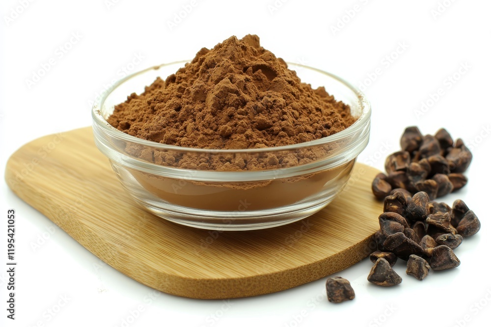 This image captures rich brown cocoa powder in a clear bowl placed at the center, set against a clean white background. This image captures rich brown cocoa powder in a clear bowl placed at the center, set against a clean white background.