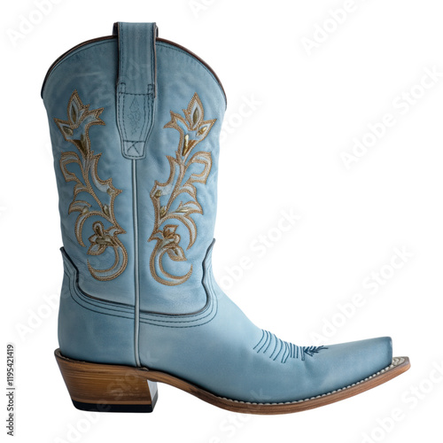 Sleek women's cowboy boots in light blue denim with elegant embroidery, showcased on a transparent background to highlight their stylish and modern design.