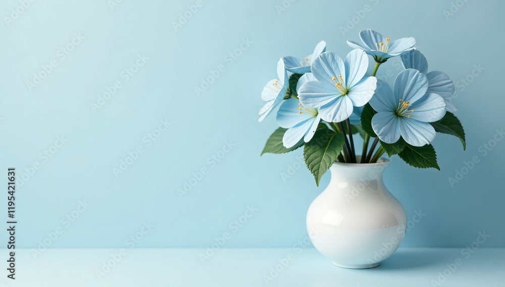 Elegant blue flowers in a white vase against a soft blue background, perfect for decor. Elegant blue flowers in a white vase against a soft blue background, perfect for decor.