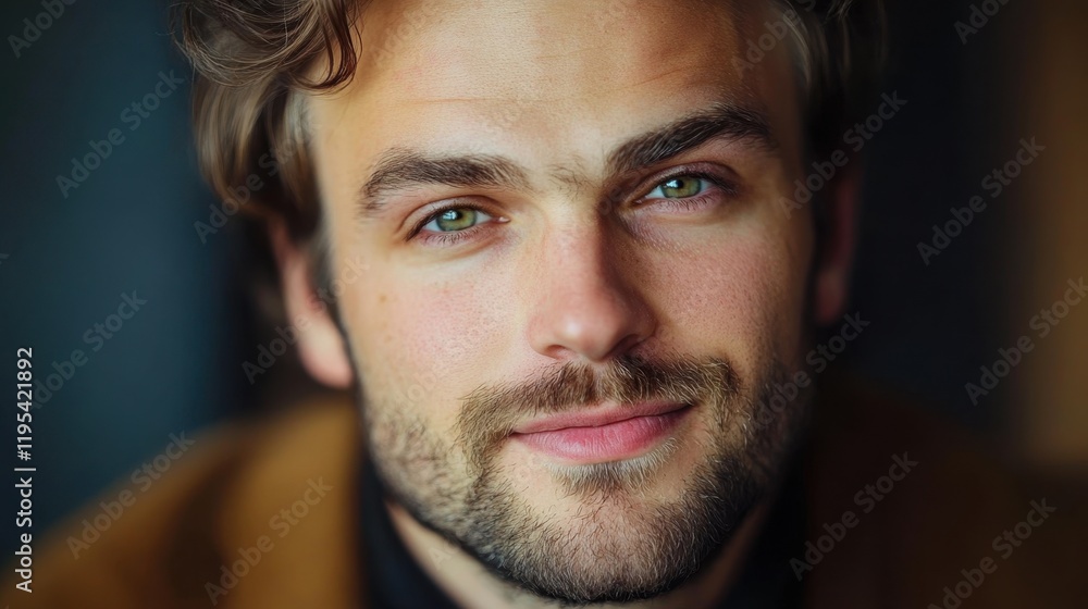 Obraz premium Caucasian young male with beard and wavy hair close-up