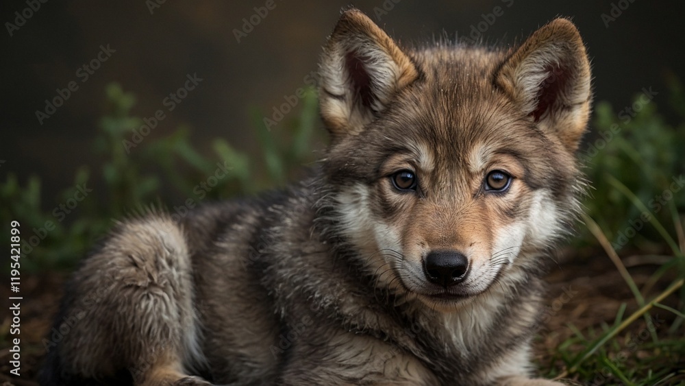 Close-up portrait of a wolf cub in a wild Close-up portrait of a wolf cub in a wild
