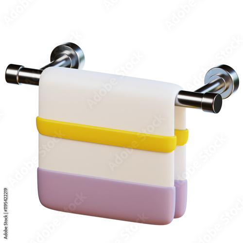 3D White towel with yellow and purple trim hanging on rack. Suitable for bathroom, spa, hotel, or wellnessthemed designs. Luxurious and vibrant. photo