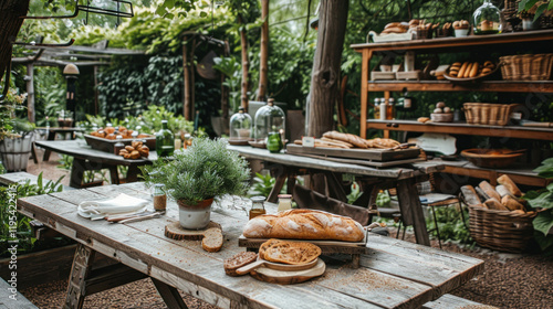 Wallpaper Mural A rustic outdoor bistro with wooden tables, lush greenery, and freshly baked bread on display Torontodigital.ca