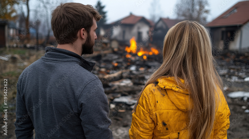 Young caucasian adults observe destruction of burning village homes Young caucasian adults observe destruction of burning village homes