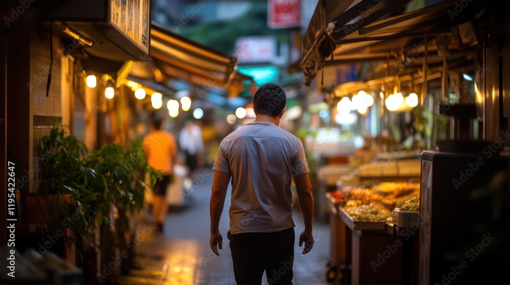 Asian male exploring market alley at night with vibrant lights and stalls Asian male exploring market alley at night with vibrant lights and stalls