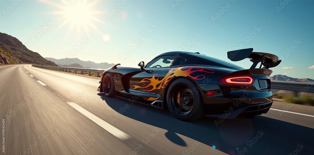 Fast sports car racing along an open highway under bright sunlight.
