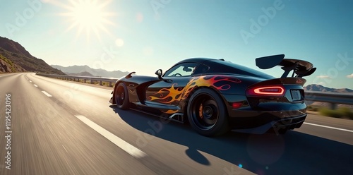 Obraz na płótnie Fast sports car racing along an open highway under bright sunlight. w salonie