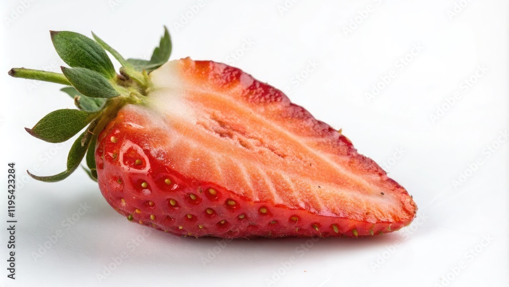 A juicy fresh strawberry sits alone on a white background with slight shine and gentle curves of the fruit, food, ripe A juicy fresh strawberry sits alone on a white background with slight shine and gentle curves of the fruit, food, ripe