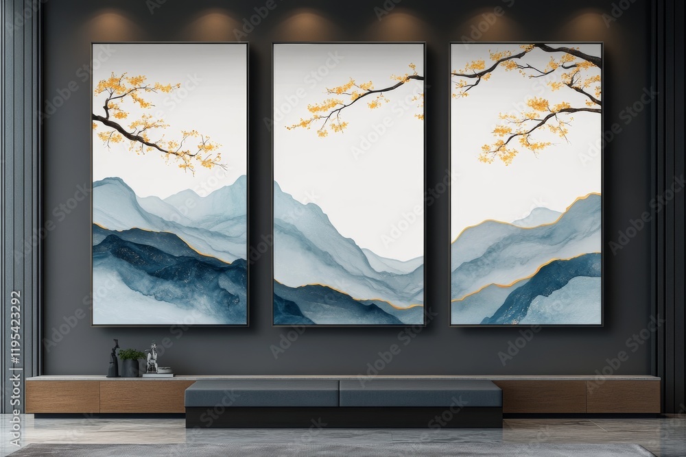 Fototapeta premium Serene triptych of watercolor landscapes featuring misty mountains and delicate gold branches. Perfect for modern interiors.