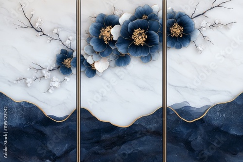 Elegant triptych of navy blue flowers on a marble background, accented with gold.