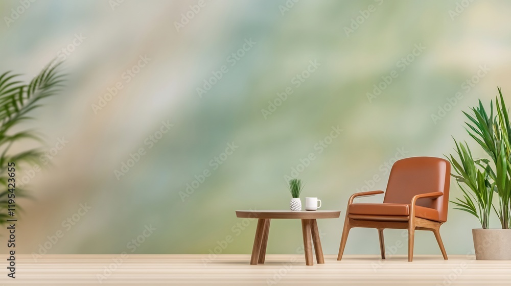 Serene mid century chair sits calmly near plants soft light illuminates room. AI Generated Serene mid century chair sits calmly near plants soft light illuminates room. AI Generated