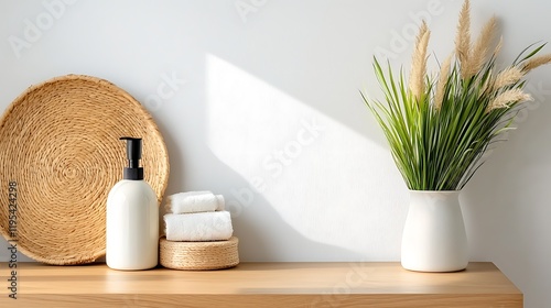 Cozy Scandinavian inspired dressing room featuring a simple wooden wall shelf decorative vase with plants and natural woven basket   a tranquil minimalist home interior design photo