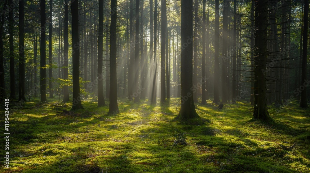 Obraz premium Sunbeams Illuminating a Mystical Forest