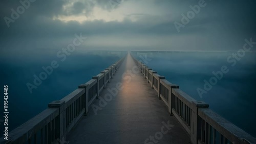 A bridge extends endlessly into the distance, with a blue mist-filled abyss below. A soft, faint light lines the path along the bridge.