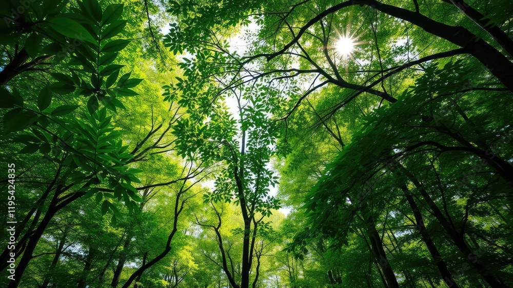 Fototapeta premium ? Lush forest canopy with sunlight filtering through emerald green leaves and branches above the forest floor, undergrowth, overgrown vegetation, verdant